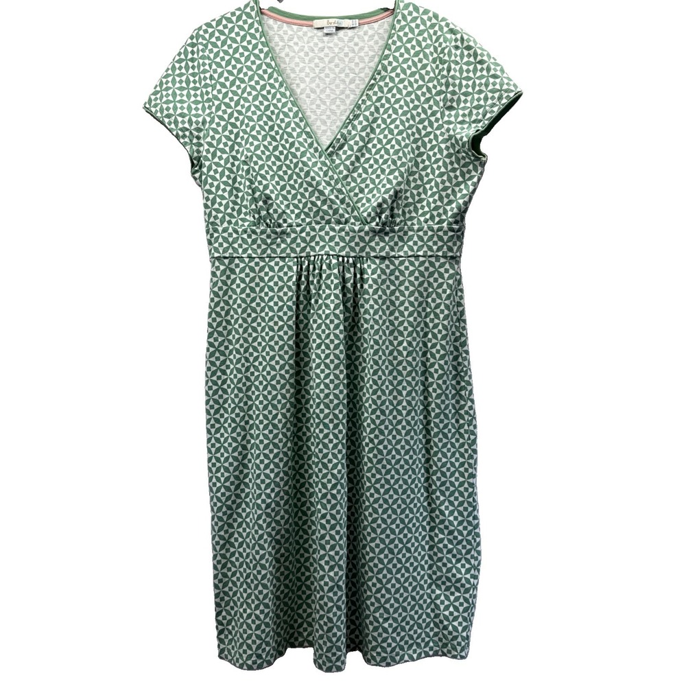 Boden Women's Dress Size 10 Green White Baby Doll V Neck Cap Sleeve Stretch